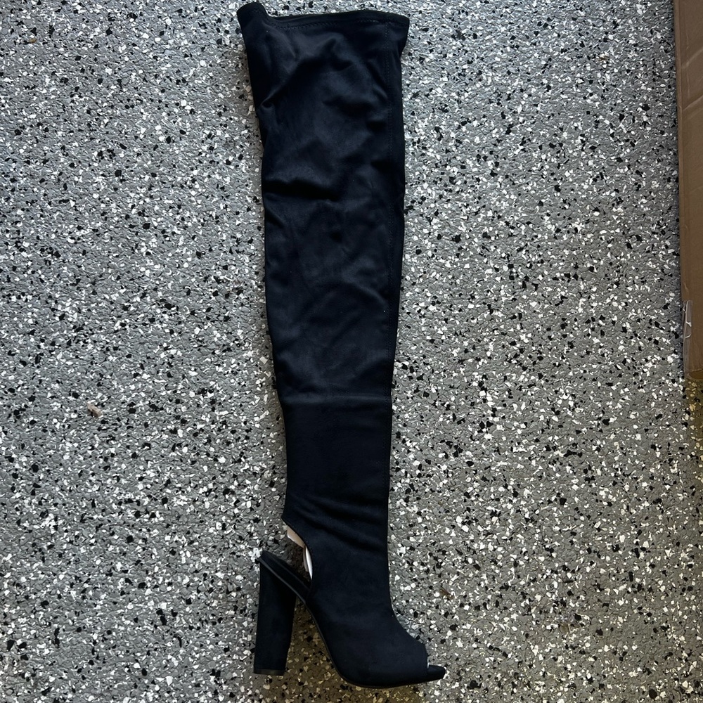 Bamboo thigh high boots open toe
